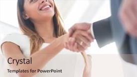  Presentation with business partner people joining hand - Amazing PPT theme having shaking hand to her partner backdrop and a  colored foreground