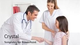  Presentation with hand shake telephone - Theme consisting of shaking hand with girl child background and a light gray colored foreground