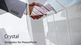  Presentation with skyscraper - Cool new slide deck with shaking hands after business meeting against skyscraper backdrop and a light gray colored foreground