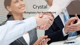  Presentation with shaking hands - Presentation theme having shaking hands against business team background and a coral colored foreground