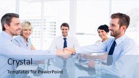  Presentation with hand shake law office - Slide deck with shaking hands during business meeting background and a light blue colored foreground