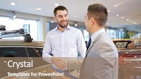  Presentation with car business - Presentation design having shaking hands in auto show background and a coral colored foreground