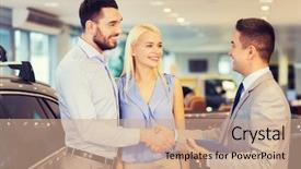  Presentation with car dealer - PPT theme featuring shaking hands in auto show background and a coral colored foreground