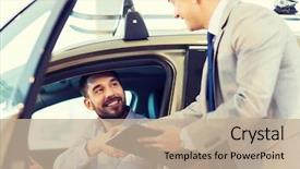  Presentation with consumerism - Theme enhanced with shaking hands in auto show background and a mint green colored foreground