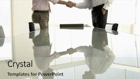  Presentation with business partner people joining hand - Beautiful PPT theme featuring shaking hands in conference room backdrop and a soft green colored foreground