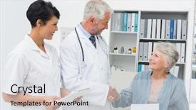  Presentation with medical smiling doctor - Cool new slide deck with shaking hands in the medical backdrop and a light gray colored foreground