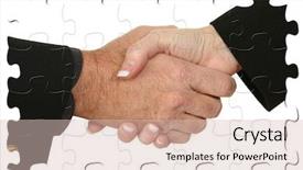  Presentation with shaking hands - PPT theme having shaking hands inside puzzle pieces background and a soft green colored foreground