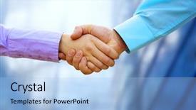  Presentation with two people holding hands - Amazing PPT theme having shaking hands of two business backdrop and a  colored foreground