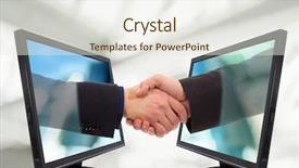  Presentation with hand shake telephone - Slides with shaking screen - businessmen shake hands from two background and a sky blue colored foreground