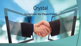  Presentation with hand shake telephone - Amazing PPT theme having shaking screen - businessmen shake hands from two backdrop and a light blue colored foreground