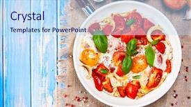  Presentation with fried egg close up view - Presentation theme featuring shakshuka - fried eggs with vegetables background and a  colored foreground