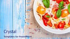  Presentation with vegetables - Beautiful slide set featuring shakshuka - fried eggs with vegetables backdrop and a  colored foreground