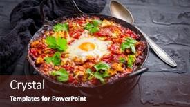  Presentation with feta cheese - Presentation consisting of shakshuka-dish-of-eggs-poached background and a tawny brown colored foreground