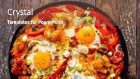  Presentation with fried egg close up view - Slide set featuring shakshuka-fried-eggs-with-salmon background and a tawny brown colored foreground