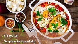  Presentation with vegetables - Theme with shakshuka-sunny-side-up-eggs background and a coral colored foreground