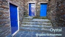  Presentation with ancient village - Presentation featuring shale rock - detail of three blue doors background and a ocean colored foreground