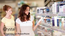  Presentation with shampoo - Presentation theme enhanced with shampoo in cosmetics department background and a coral colored foreground