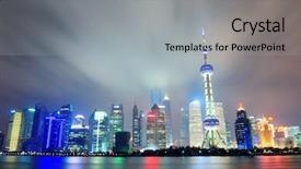  Presentation with night city - Presentation theme consisting of shanghai city skyline at night background and a light gray colored foreground
