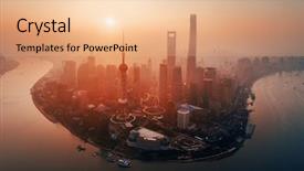  Presentation with sunrise in the city - Slide deck with shanghai city sunrise aerial view background and a coral colored foreground