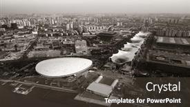  Presentation with shanghai - Slide deck having shanghai expo park aerial view from above with city skyline and skyscrapers in china background and a tawny brown colored foreground