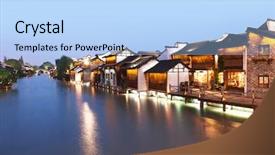  Presentation with ancient village - Slide deck featuring old shanghai night - china jangsu the xizha ancient background and a light blue colored foreground