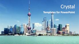  Presentation with shanghai - Colorful PPT layouts enhanced with shanghai skyline and sunny day backdrop and a teal colored foreground