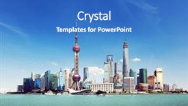  Presentation with china shanghai - Colorful PPT theme enhanced with shanghai skyline in sunny day backdrop and a teal colored foreground