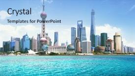 Presentation with china shanghai - Cool new presentation design with shanghai skyline in sunny day backdrop and a light blue colored foreground