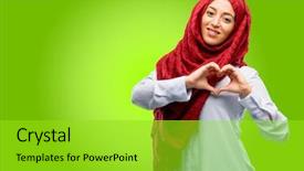  Presentation with arabian woman wearing hijab muslim - PPT theme featuring shape expressing healthy and marriage background and a yellow colored foreground