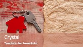  Presentation with real estate - PPT theme having shaped keychain on wooden background background and a coral colored foreground