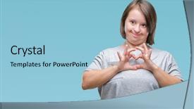  Presentation with hands down - Cool new slides with shapes - young adult woman down backdrop and a light blue colored foreground