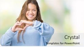  Presentation with young woman wearing boxer gloves - Audience pleasing slide deck consisting of shapes - young beautiful brunette woman wearing backdrop and a light blue colored foreground