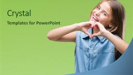  Presentation with hands the shape of a heart - Slides consisting of shapes - young beautiful girl isolated background and a yellow colored foreground