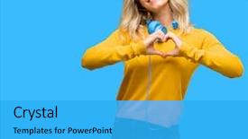  Presentation with heart healthy diet and nutrition - Cool new theme with shapes - young beautiful woman headphones backdrop and a cyan colored foreground