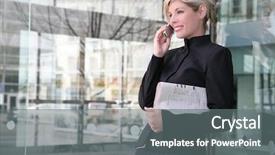  Presentation with phone - Amazing presentation theme having share price - beautiful blonde business woman backdrop and a gray colored foreground