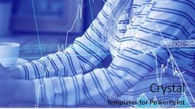  Presentation with using digital tablet - PPT theme with shared reading - stocks and shares against smiling background and a light blue colored foreground