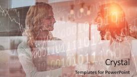  Presentation with shaking hands - Amazing PPT theme having shares against businesswomen shaking hands backdrop and a  colored foreground