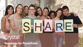  Presentation with group - Amazing presentation theme having sharing - happy and diverse group holding backdrop and a coral colored foreground