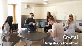  Presentation with sharing - Amazing PPT theme having sharing - students relaxing in kitchen backdrop and a tawny brown colored foreground