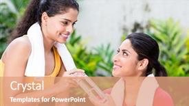  Presentation with water bottle - Presentation design enhanced with sharing caring - cheerful young woman giving background and a coral colored foreground