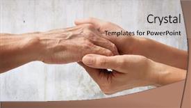  Presentation with elderly - Slide deck featuring sharing caring - female hands touching old male background and a soft green colored foreground