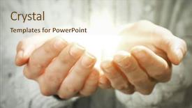  Presentation with light - Audience pleasing PPT theme consisting of sharing caring - light in hands concept backdrop and a sky blue colored foreground