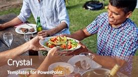  Presentation with outdoor party - PPT layouts consisting of sharing food - man passing dish healthy fresh background and a coral colored foreground