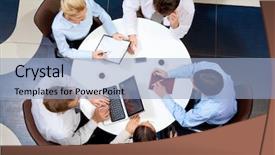  Presentation with sharing - PPT theme enhanced with sharing ideas - above view of friendly businessteam background and a light blue colored foreground