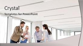  Presentation with team discussion - PPT theme featuring sharing ideas - team of business people having background and a white colored foreground