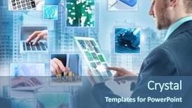  Presentation with network devices - PPT layouts enhanced with sharing information - internet multimedia concept people working background and a ocean colored foreground