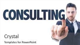  Presentation with consulting - Cool new PPT theme with sharing knowledge - business man pointing the text backdrop and a  colored foreground