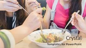  Presentation with lunch - Slides having sharing meal - asian woman share her lunch background and a  colored foreground
