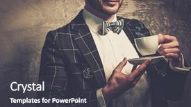  Presentation with coffee cup - Theme enhanced with sharp dressed fashionist with cup background and a dark gray colored foreground