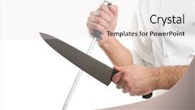  Presentation with kitchen utensils - Slides consisting of sharpener - chef hands with kitchen utensils background and a sky blue colored foreground